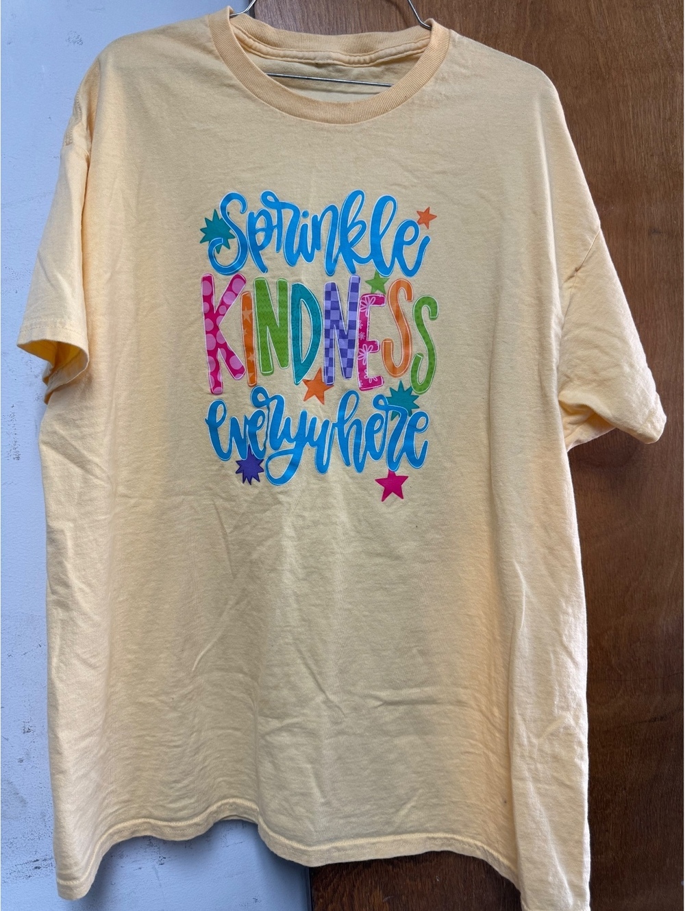 Yellow T-Shirt with Colorful "Sprinkle Kindness Everywhere" Print, Size Large